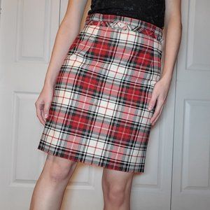 Vintage red, black & white plaid mini pencil skirt / matching belt / knee length
